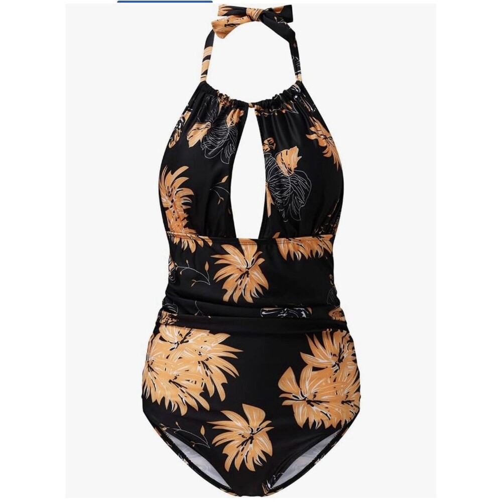 B2PRITY Women’s L One-Piece Halter Swimsuit Black/Orange Floral High-Waist